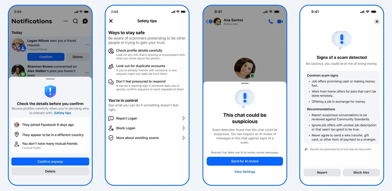 Cztery ekrany aplikacji mobilnej prezentujące system ostrzegania przed podejrzanymi wiadomościami i możliwymi oszustwami; zawierają powiadomienia z informacjami o potencjalnych zagrożeniach, wskazówki dotyczące bezpieczeństwa, komunikat o podejrzanym c...