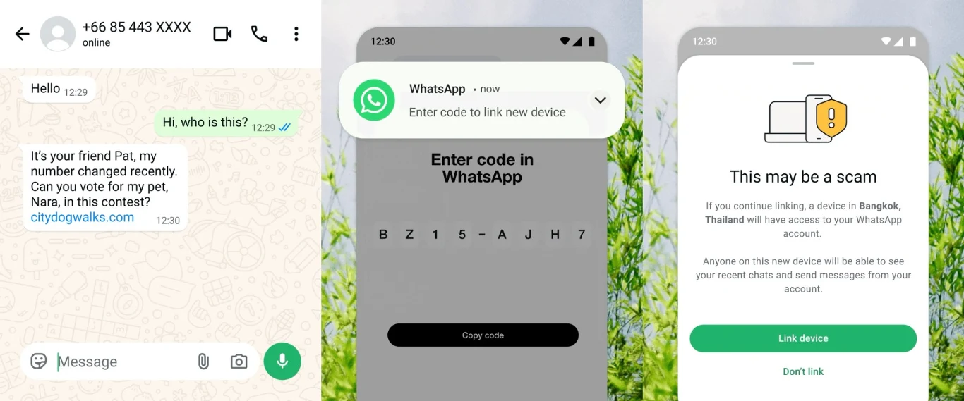 Ekran rozmowy na WhatsApp, gdzie nieznany numer próbuje nawiązać kontakt i prosi o wykonanie zadania, ekran wpisywania kodu do WhatsApp oraz ostrzeżenie przed możwliwym oszustwem dotyczącym próby dostępu do konta WhatsApp z lokalizacji Bangkok, Tajlandia.