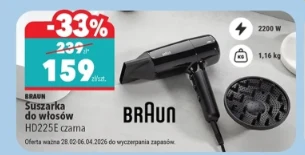 Czarna suszarka do włosów Braun HD225E z koncentratorem oraz dyfuzorem, moc 2200 W, waga 1,16 kg, cena promocyjna 159 zł zamiast 239 zł, rabat 33%.