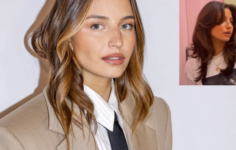 Kobieta o brązowych włosach z delikatnymi falami, ubrana w beżową marynarkę i białą koszulę z czarnym krawatem; w prawym górnym rogu mniejsze zdjęcie kobiety z długimi, warstwowo ostrzyżonymi włosami, na tle różowej ściany.