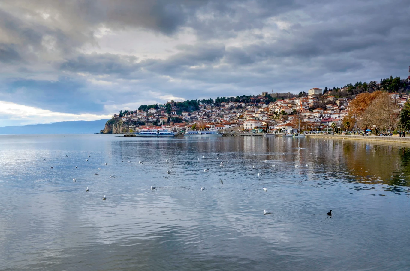 Panorama miasta położonego nad brzegiem jeziora, z licznymi zabudowaniami wznoszącymi się na wzgórzu, odbijającymi się w wodzie, nad którą unoszą się mewy i inne ptaki, a w tle widać pochmurne niebo.