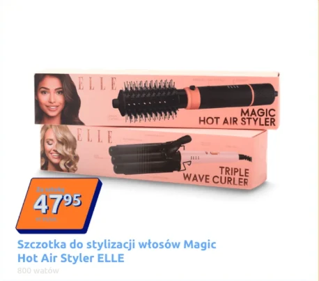 Dwa różowe opakowania ze szczotką do stylizacji włosów Magic Hot Air Styler oraz lokówką Triple Wave Curler marki ELLE, z fotografiami modelek prezentujących efekty stylizacji, cena promocyjna 47,95 zł umieszczona w niebiesko-pomarańczowej ramce na bia...