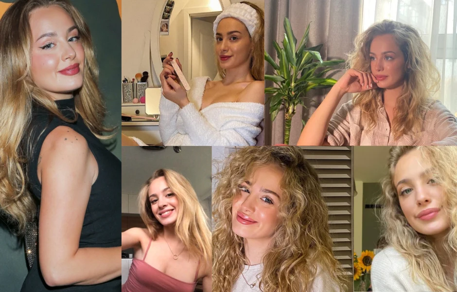 Młoda kobieta o długich, blond, falowanych włosach przedstawiona w różnych aranżacjach; widać zarówno elegancką stylizację wieczorową, jak i codzienne, domowe chwile z makijażem i naturalnym wyglądem, na tle nowoczesnych wnętrz z roślinami oraz element...