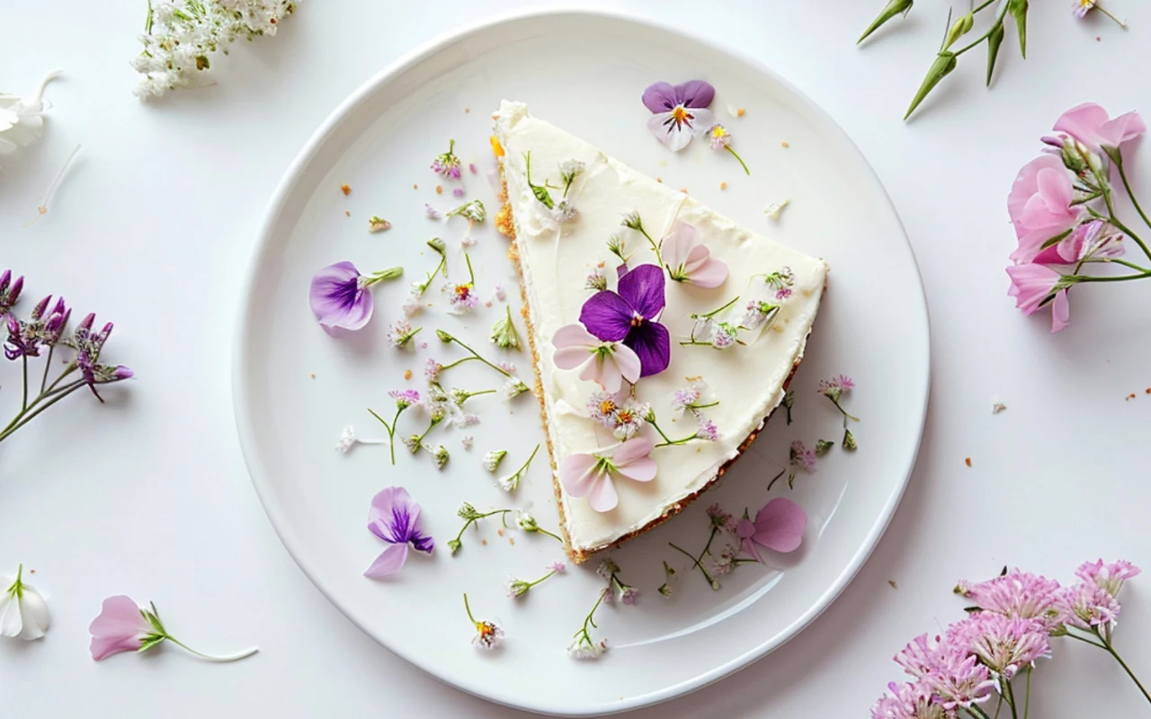 Dwa kawałki jasnego sernika ozdobione delikatnymi, kolorowymi kwiatami jadalnymi oraz drobnymi listkami, ułożone na białym talerzu otoczonym kwiatami i płatkami na białym tle.