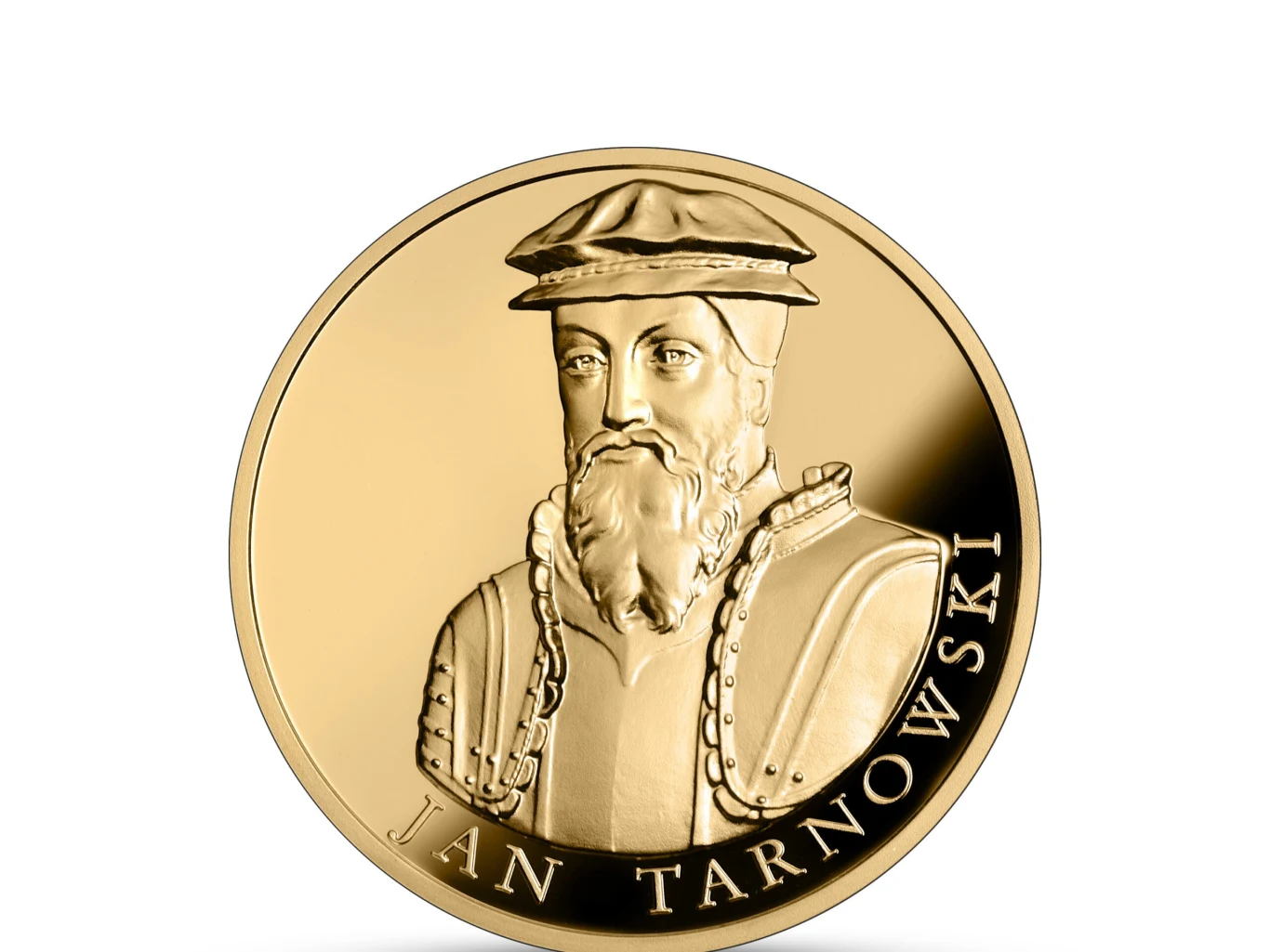 Złota moneta z hetmanem Tarnowskim. Złota moneta z wizerunkiem mężczyzny w historycznym stroju, z brodą i czapką, otoczona napisem „Jan Tarnowski”.