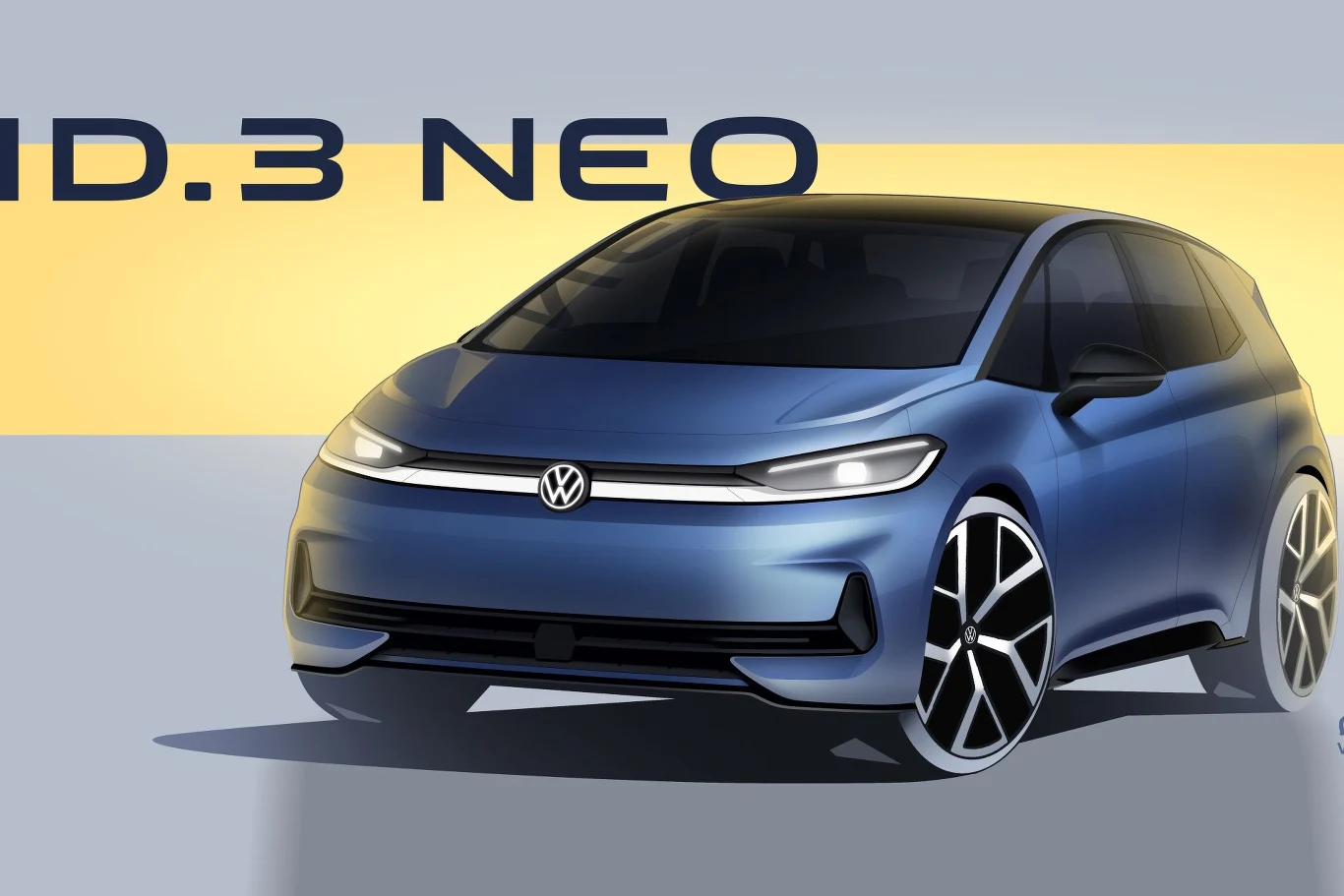 Nowoczesny, niebieski hatchback Volkswagen ID.3 Neo z charakterystycznymi reflektorami LED oraz dużymi, sportowymi felgami na tle żółtego pasa z napisem modelu.