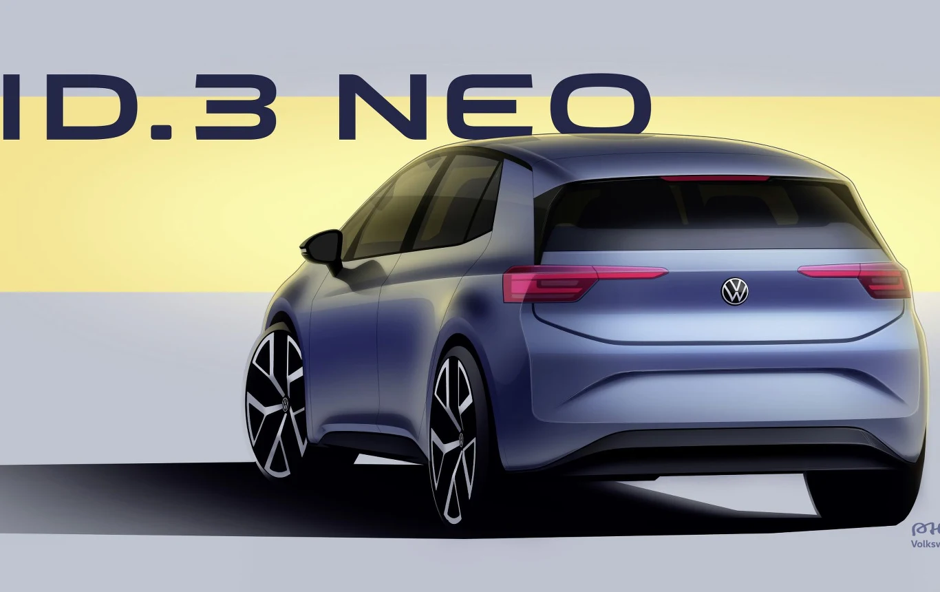 Nowoczesny samochód elektryczny Volkswagen ID.3 NEO w kolorze niebieskim, widoczny z tyłu na tle napisu ID.3 NEO oraz żółto-szarego pasa.