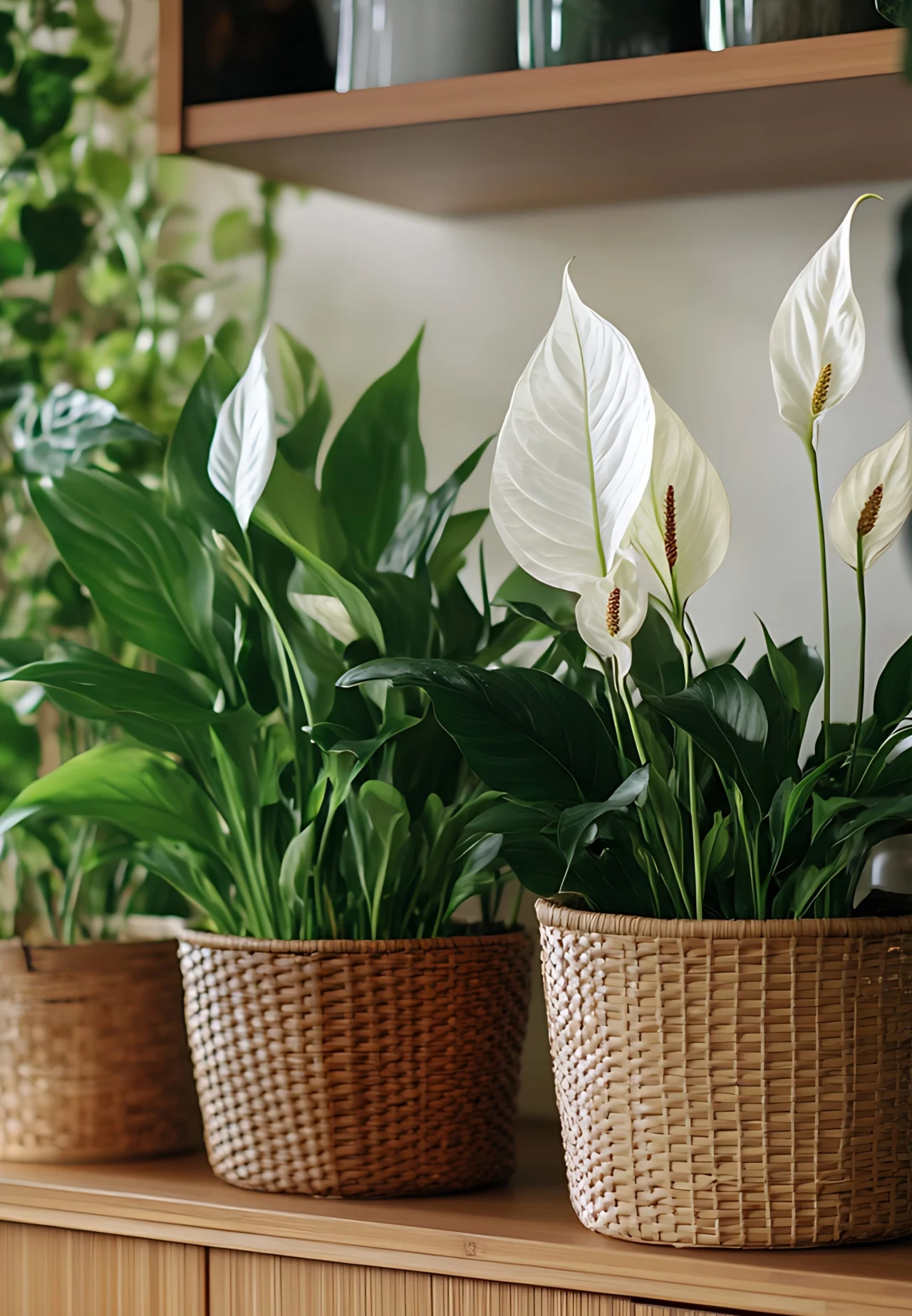 Trzy doniczki z okazałymi skrzydłokwiatami o ciemnozielonych liściach i białych kwiatach, ustawione na drewnianej półce, tworzą harmonijną, naturalną kompozycję wnętrza.