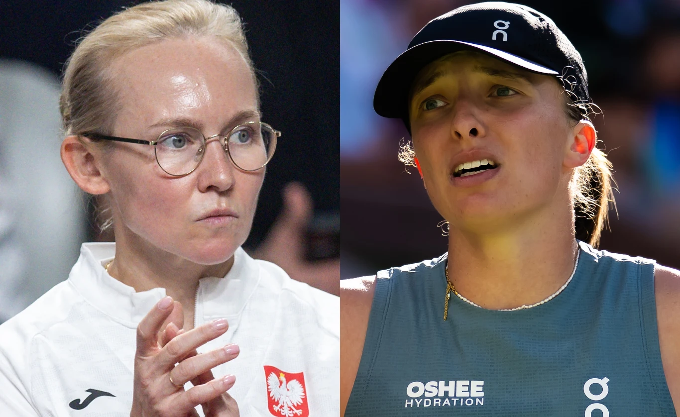 Dwie kobiety, po lewej stronie osoba w białej sportowej koszulce z logo Polski, w okularach, z blond włosami spiętymi do tyłu, o skupionym wyrazie twarzy; po prawej stronie kobieta w sportowej czapce i niebieskiej koszulce, z widocznym logotypem sponso...