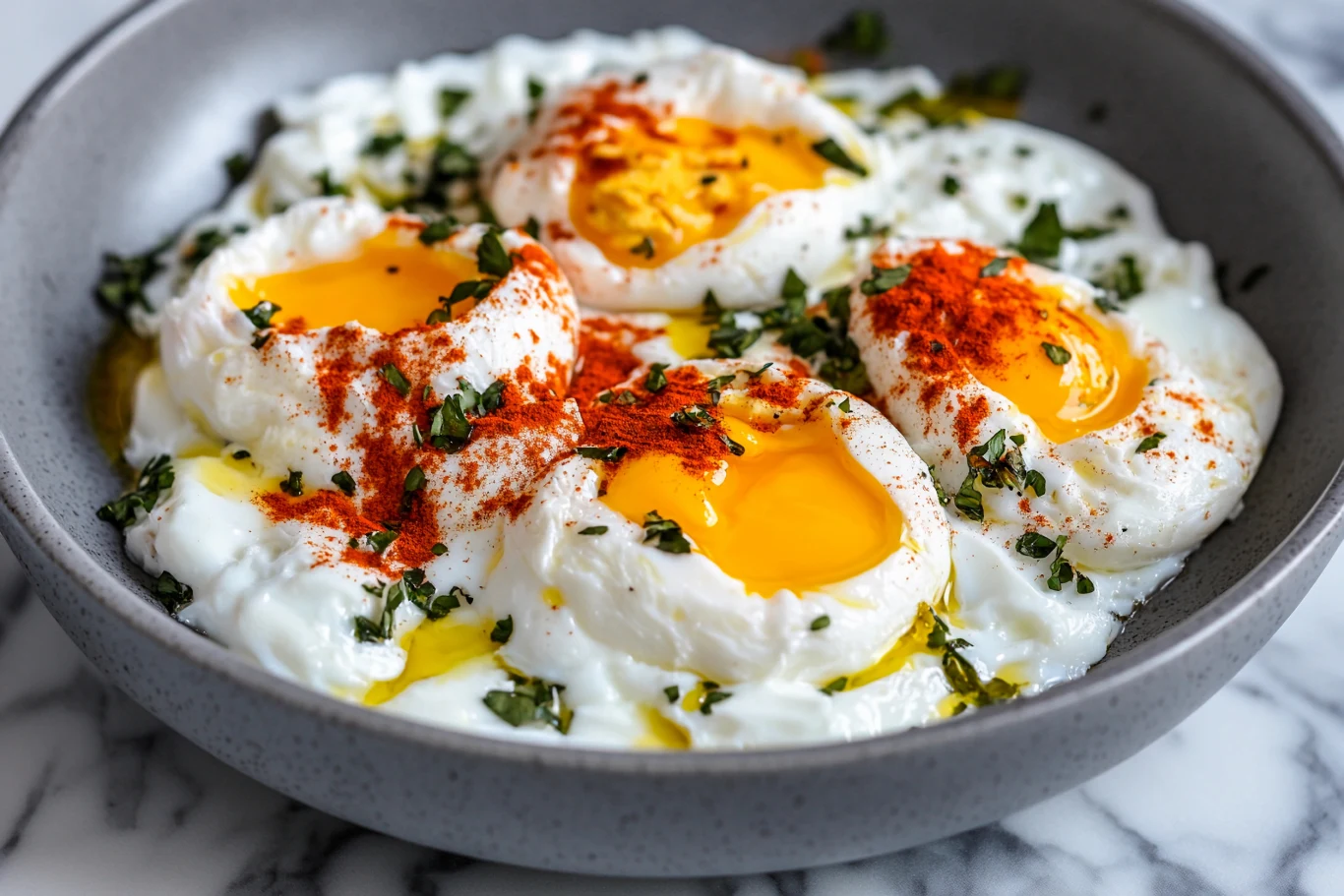 Cztery jajka w koszulkach na gęstym jogurcie, posypane czerwoną papryką i świeżymi ziołami, ozdobione odrobiną oliwy, podane na szarym talerzu.