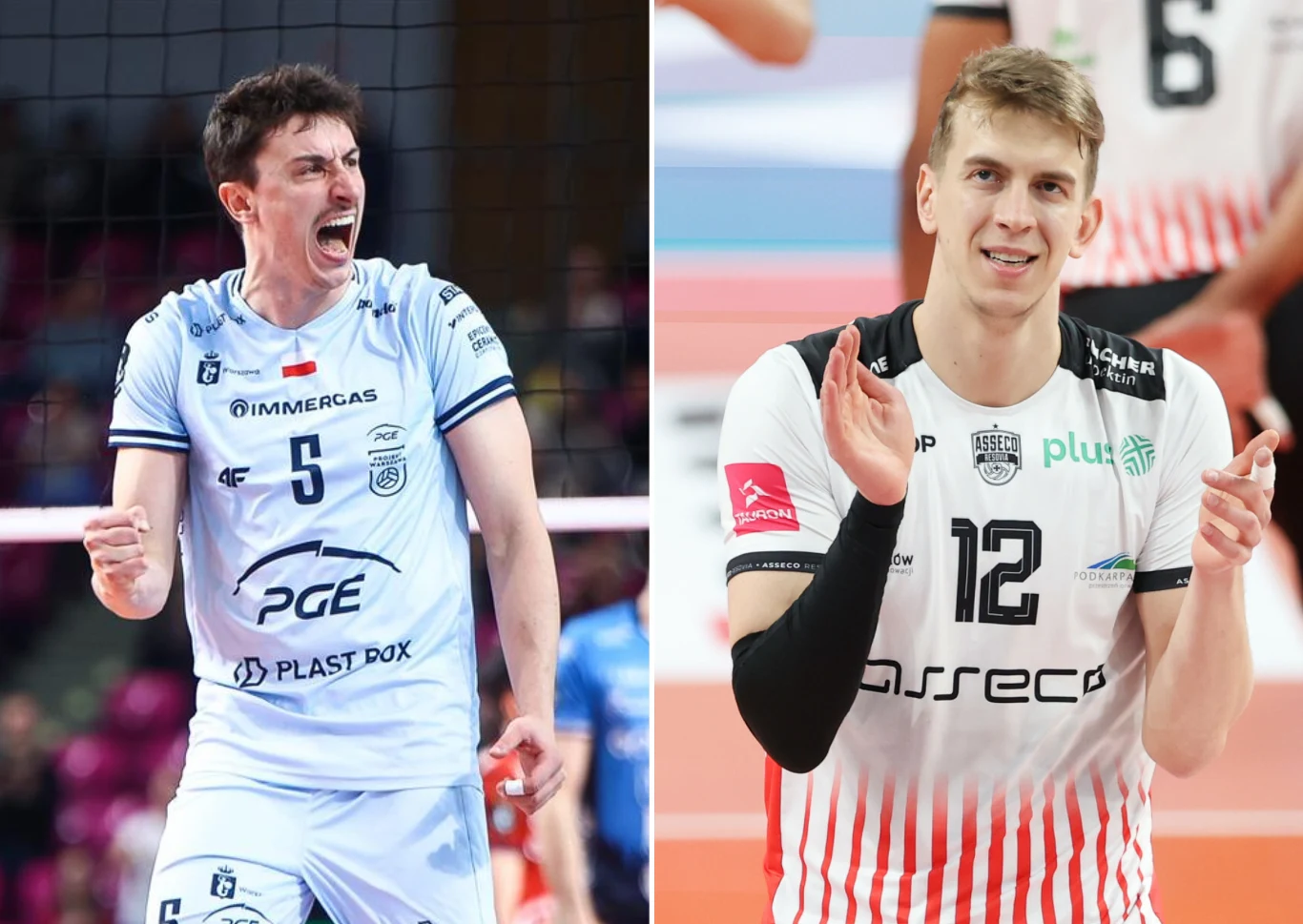 Dwóch siatkarzy w białych strojach drużynowych, jeden z nich energicznie wyraża emocje po zdobyciu punktu, drugi stoi z uśmiechem, klaszcząc w dłonie.