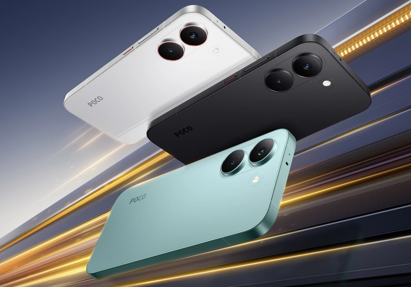 Trzy smartfony POCO w różnych kolorach – biały, czarny i miętowy – unoszące się nad rozmytym tłem z dynamicznymi, świetlnymi smugami, każdy z podwójnym aparatem fotograficznym i minimalistycznym designem obudowy.