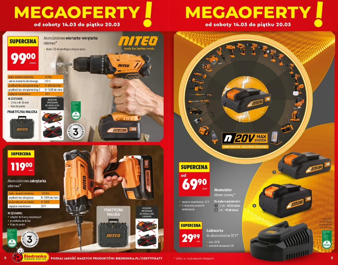 Oferta promocyjna narzędzi marki NITEO, w tym akumulatorowa wiertarko-wkrętarka, akumulatorowa zakrętarka oraz akumulatory wraz z ładowarką, wyróżnione głównymi cenami i ikonami prezentującymi kluczowe funkcje, na tle intensywnych kolorów i żółtych nag...