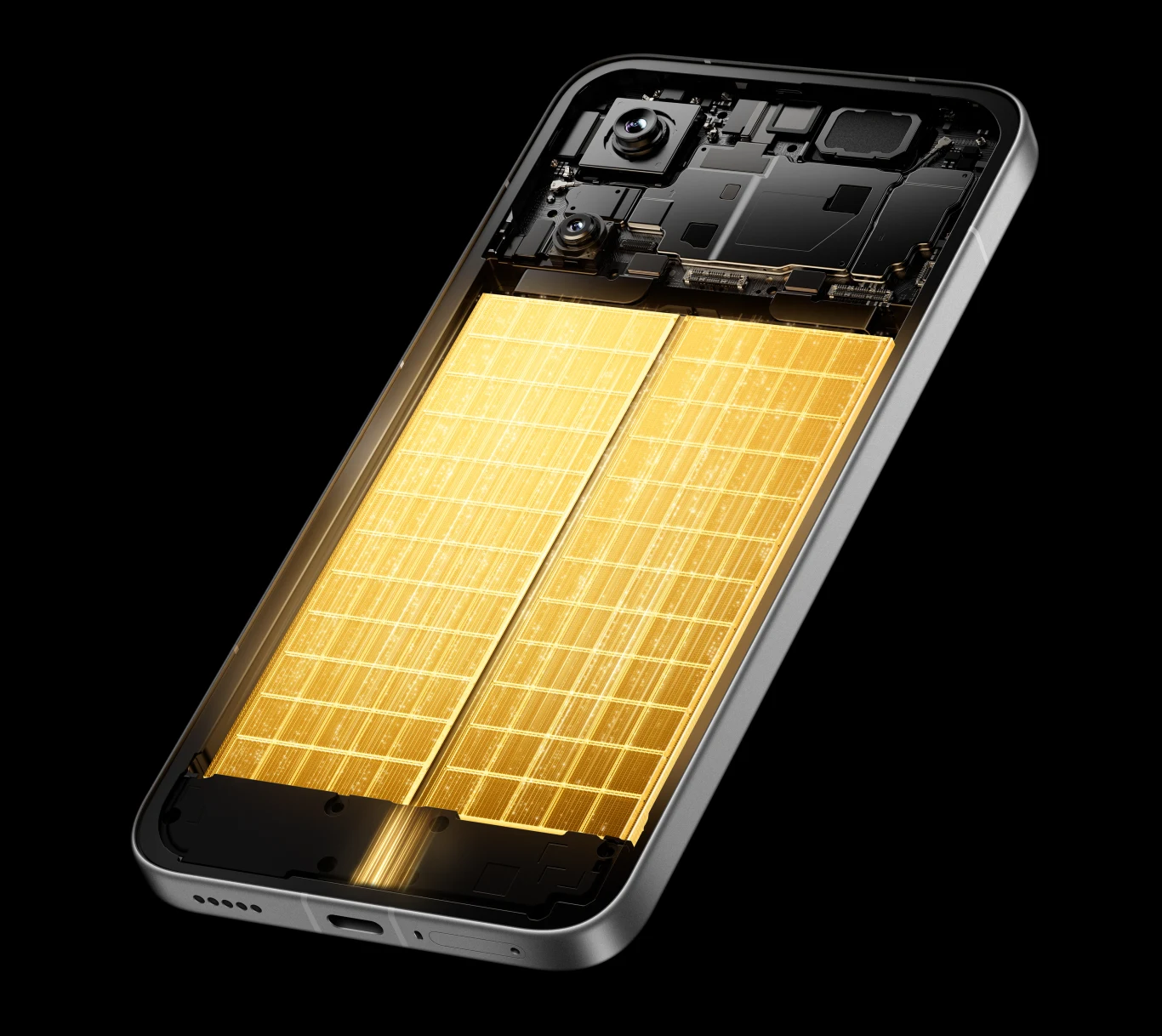 Przekrój smartfona z widocznym wewnętrznym układem elektronicznym i dużą podświetloną na złoto baterią zajmującą centralną część urządzenia; na górze obudowy umieszczony jest moduł aparatu z dwoma obiektywami i elementami optycznymi.