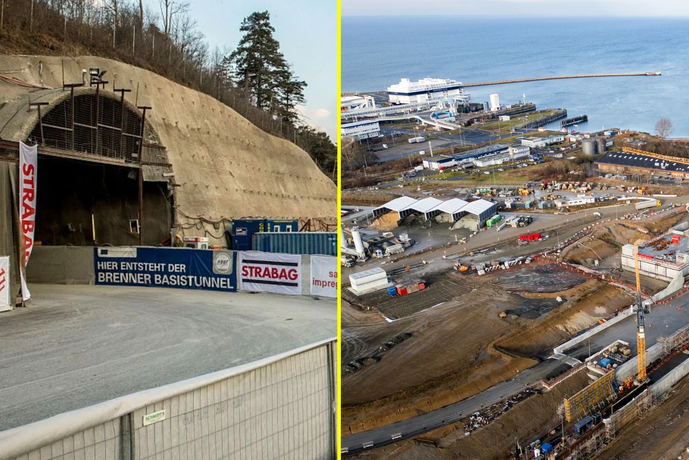 W Europie powstają dwa historyczne tunele - jeden pod Alpami, a drugi pod Bałtykiem. / Fot. AFP - Ulrich Perrey Po lewej wykop tunelu w górach, po prawej plac budowy przy wybrzeżu z portem i infrastrukturą.