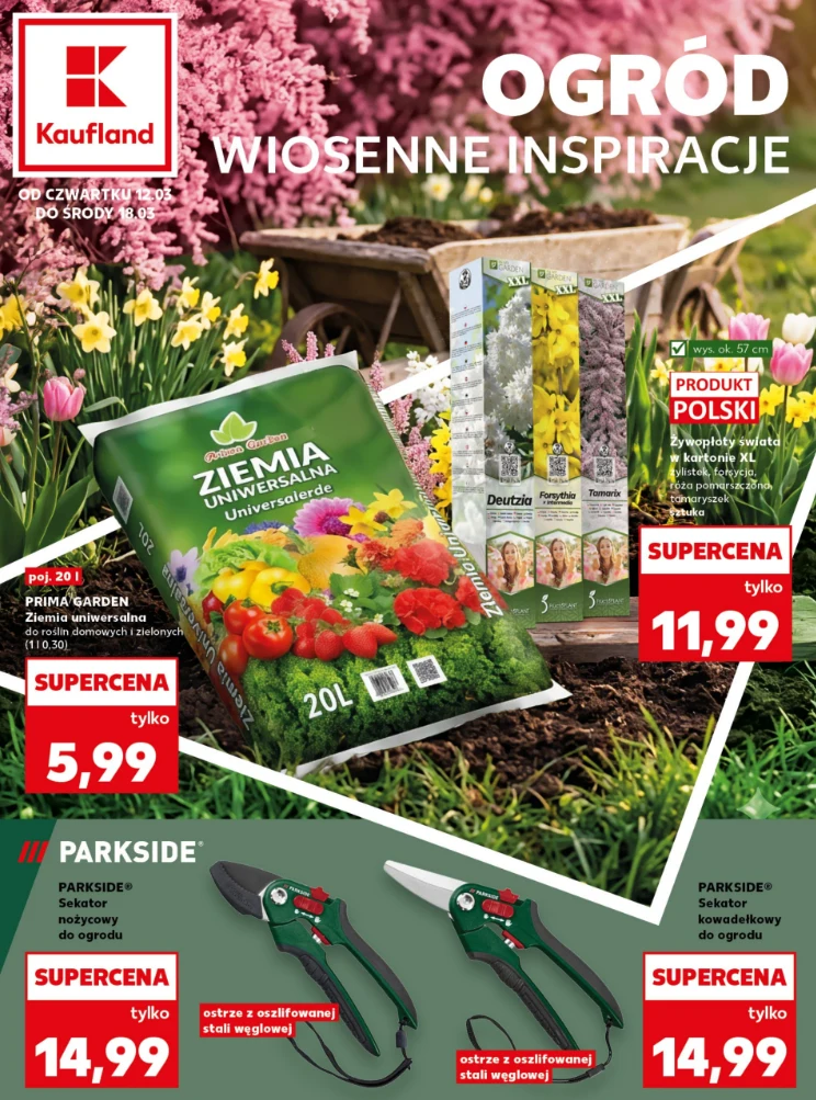 Promocyjna oferta artykułów ogrodniczych z wiosennym motywem, obejmująca ziemię uniwersalną Prima Garden, zestaw nasion kwiatów oraz narzędzia ogrodnicze marki Parkside na tle kolorowych tulipanów i narcyzów w ogrodzie.