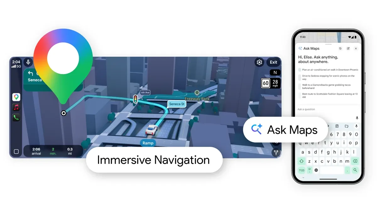 Ekran nawigacji 3D z trasą samochodową poprowadzoną przez miasto oraz widok smartfona z wyszukiwarką map i napisem „Ask Maps”.