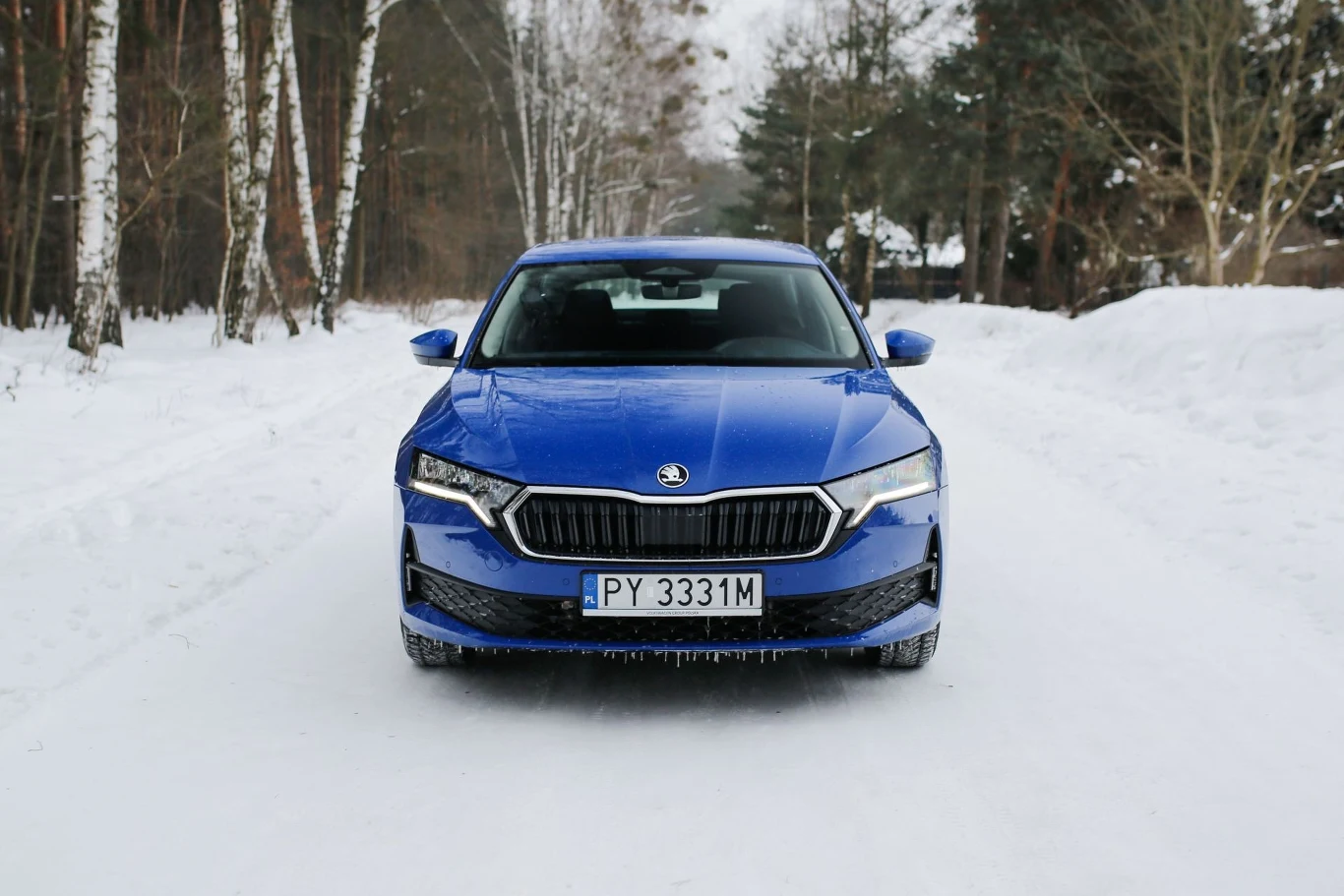 Niebieska Skoda zaparkowana centralnie na ośnieżonej drodze, otoczona zimowym lasem z brzozami i sosnami po bokach.