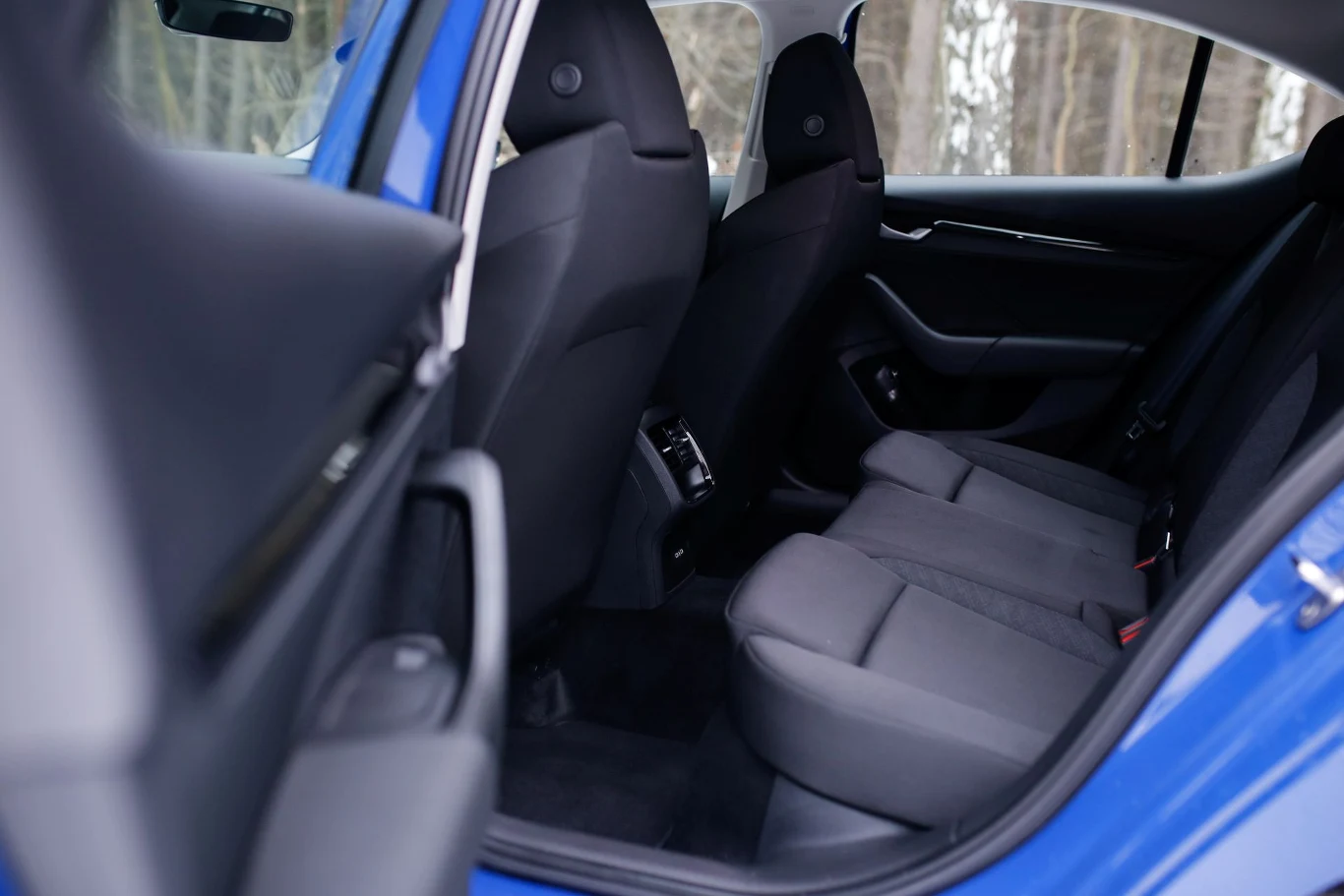 Wnętrze tylnej części samochodu osobowego z trzema czarnymi siedzeniami, dużo miejsca na nogi, widoczne elementy drzwi i oparcia przednich foteli, przez okno widać rozmazany las.