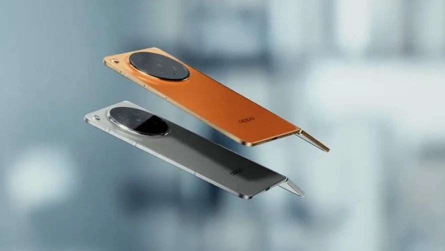 Składany smartfon OppoFind N6 dostał dwa kolory obudowy. Dwa nowoczesne smartfony z dużymi okrągłymi modułami aparatów, prezentowane w kolorze pomarańczowym oraz szarym, unoszące się w powietrzu na tle rozmytego wnętrza.