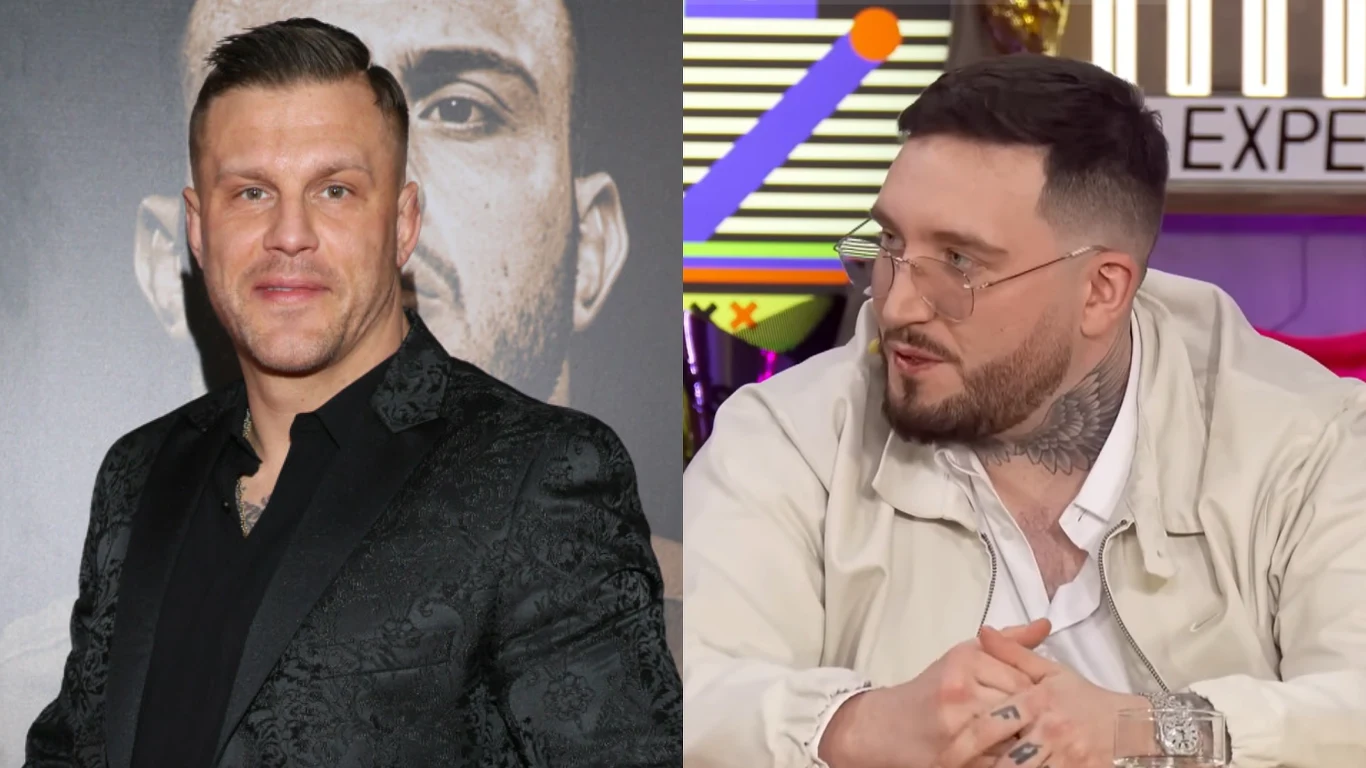 Dwóch mężczyzn pokazanych w kontrastujących sceneriach: po lewej stronie mężczyzna w eleganckim, czarnym garniturze z lekkim uśmiechem na tle plakatu, po prawej mężczyzna z tatuażami na dłoniach i szyi, w jasnej kurtce, okularach i z krótką brodą, sied...