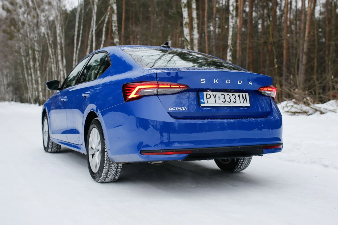 Niebieska Skoda Octavia na śnieżnej drodze, nowoczesne tylne światła LED, otoczenie stanowią zimowe drzewa i las.