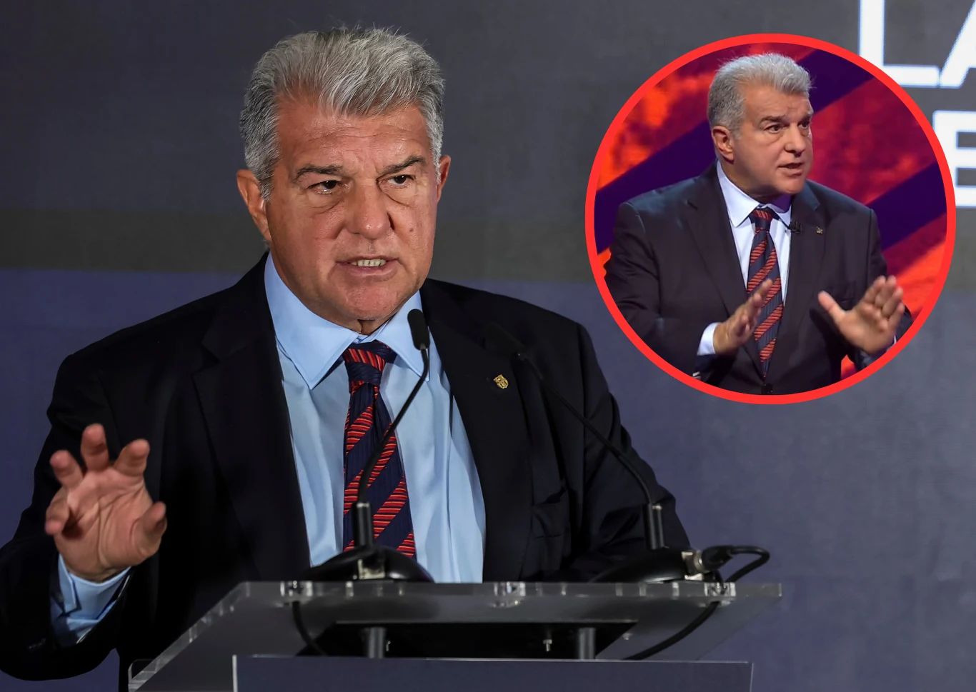 Joan Laporta Joan Laporta w garniturze przemawia przy mównicy, w rogu mniejsza fotografia tej samej osoby z wystąpienia.