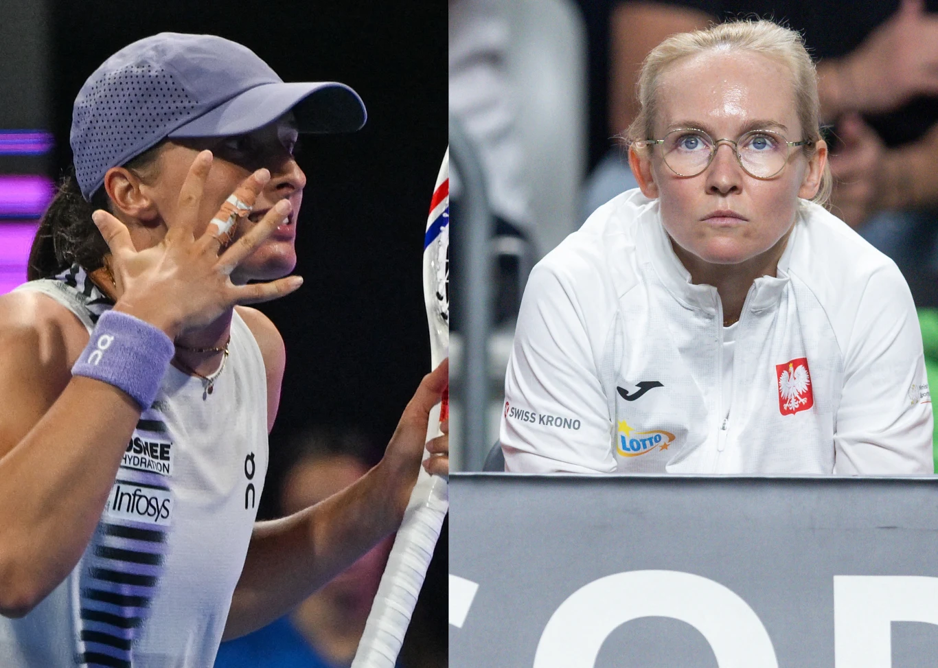 Po lewej sportowczyni w stroju tenisowym gestykuluje i wyraża silne emocje, natomiast po prawej siedzi kobieta w białej kurtce z godłem Polski i patrzy uważnie przed siebie.
