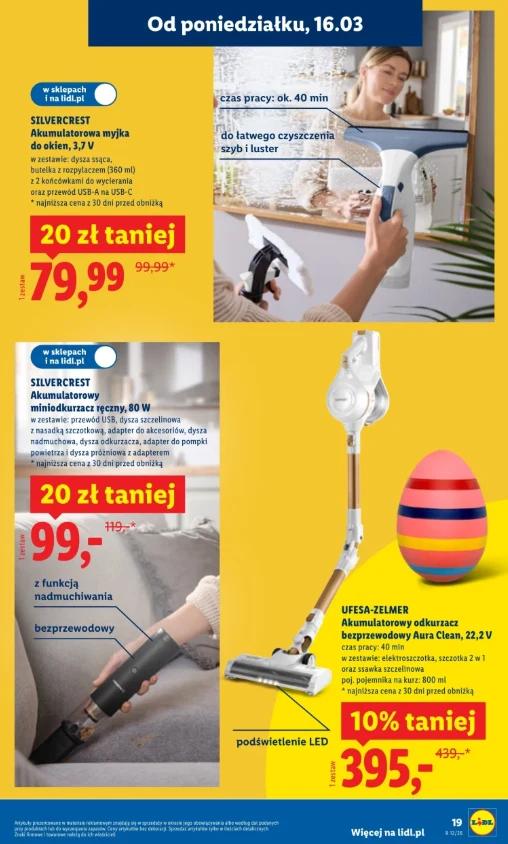 Promocje na produkty do sprzątania: akumulatorowa myjka do okien używana przez osobę przy oknie, bezprzewodowy odkurzacz z funkcją nadmuchu oraz podświetlenie LED, a obok kolorowa dekoracja w kształcie jaja wielkanocnego.