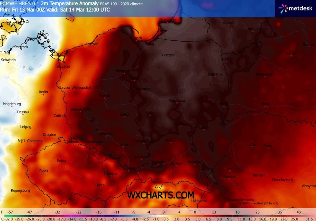 Mapa Europy Środkowej z zaznaczonymi anomaliami temperatury powietrza, pokazująca występowanie bardzo wysokich dodatnich odchyleń temperatury w Polsce oraz wschodnich Niemczech, z kolorystyką wskazującą silne ocieplenie na tle normy wieloletniej, zwłas...