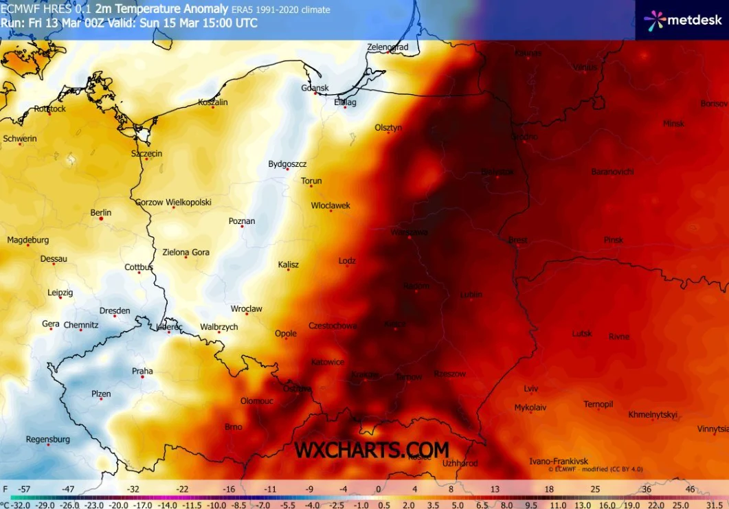 Mapa anomalii temperatury powietrza nad Polską i Niemcami, z wyraźnym podziałem: zachodnia część kraju w barwach żółtych i białych oznaczających niższą anomalię, a centralna i wschodnia część Polski intensywnie czerwona, symbolizująca znaczną dodatnią ...