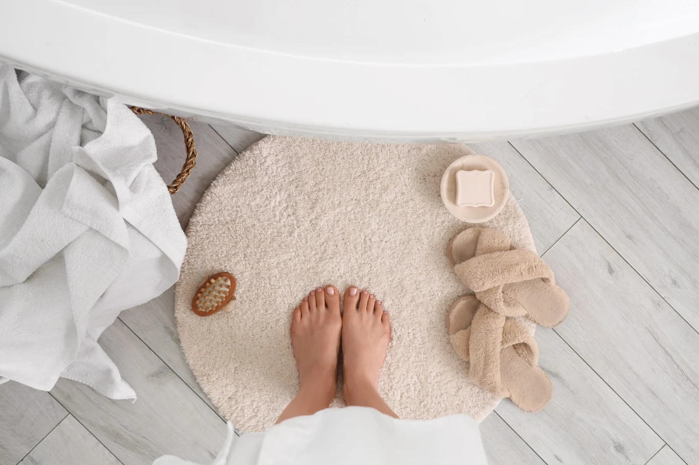Stopy osoby stojącej na puszystym, okrągłym dywaniku w jasnej łazience, obok leżą miękkie kapcie, mydło w mydelniczce i szczotka do masażu.