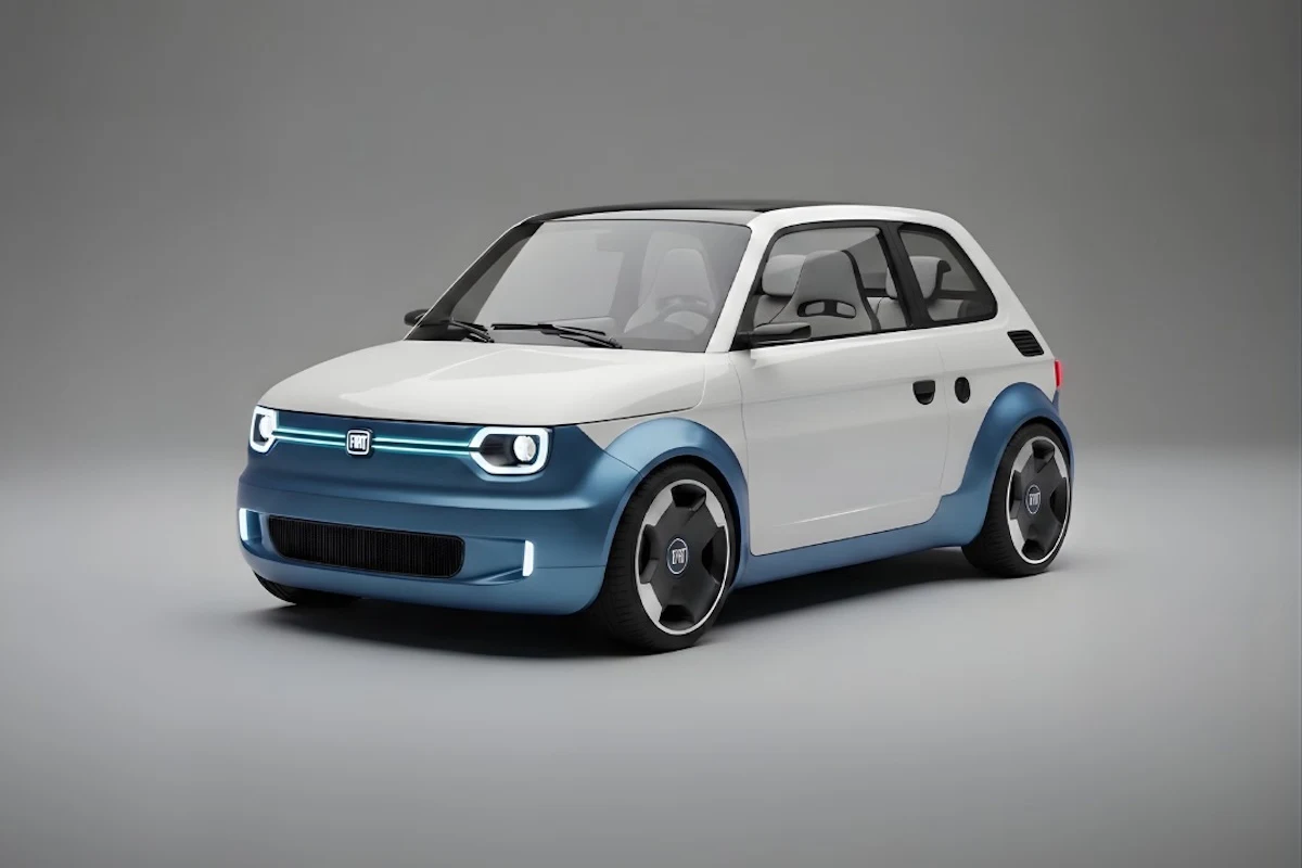 Nowoczesny, kompaktowy samochód miejski o dwukolorowym nadwoziu w bieli i błękicie, z dużymi reflektorami LED, szerokimi kołami i minimalistycznym designem.