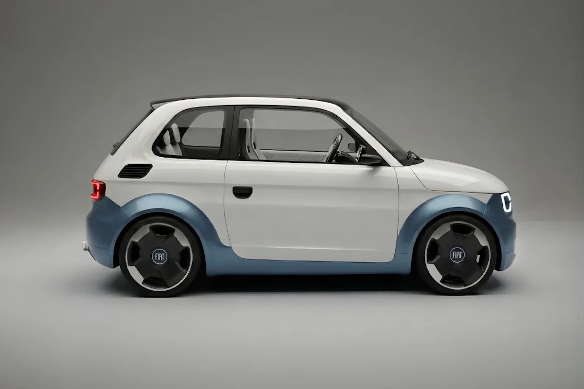 Nowoczesny, kompaktowy samochód osobowy o dwubarwnej karoserii w odcieniach bieli i niebieskiego, z dużymi felgami i minimalistycznym designem, widoczny z profilu na neutralnym tle.