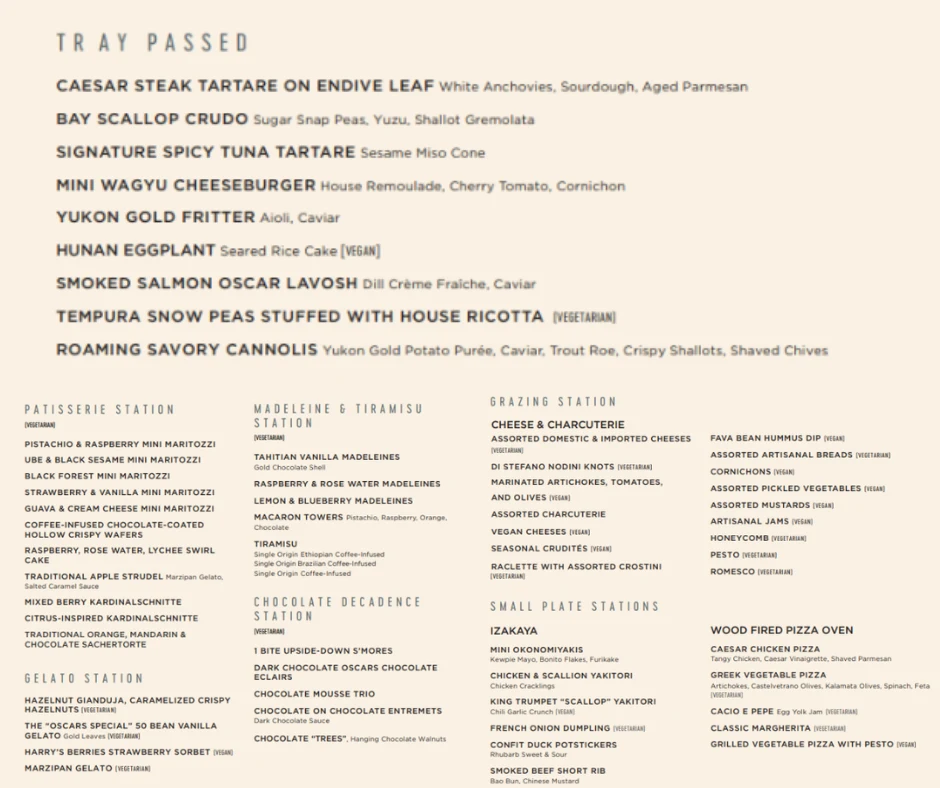 Menu zawierające dania podzielone na sekcje, m.in. przekąski podawane na tacach takie jak tartar wołowy na liściu cykorii, krabowy crudo, miniburgery wołowe i frittata ziemniaczana, a także stacje serwujące wyroby cukiernicze, lody, sery, przekąski cze...