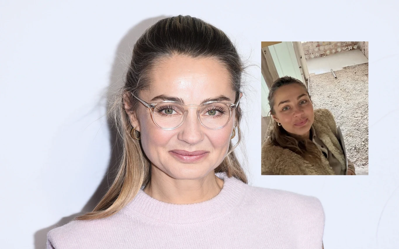 Kobieta w okularach i jasnym swetrze z upiętymi włosami patrzy z uśmiechem w stronę obiektywu, nałożone w prawym górnym rogu zdjęcie przedstawia tę samą kobietę podczas remontu, w kurtce i szaliku, stojącą na tle surowych ścian i podłogi.