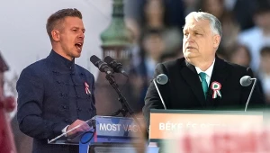 Peter Magyar i Viktor Orban podczas wystąpień na partyjnych wiecach
