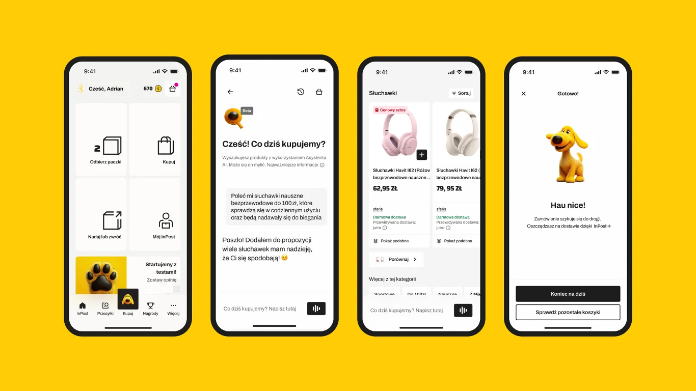 InPost rusza z nową funkcjonalnością opartą o AI Cztery ekrany aplikacji mobilnej na żółtym tle, pokazujące proces zakupów: strona główna z ikonami kategorii i motywem łapy psa, ekran powitalny z wiadomością i grafiką łapy, lista produktów z ofertami słuchawek oraz ekran sukcesu zamówienia z animowan...