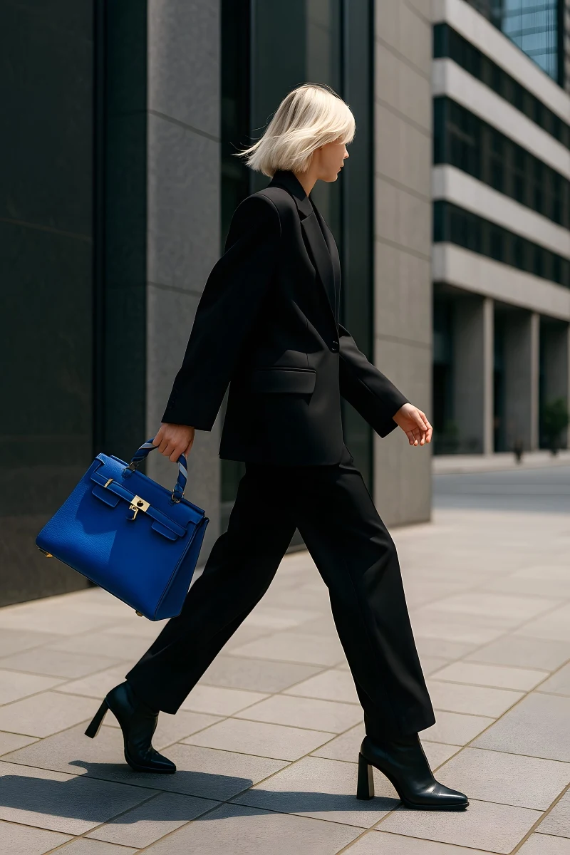 kobieta o blond włosach idąca chodnikiem w otoczeniu nowoczesnych biurowców, ubrana w elegancki czarny garnitur i czarne szpilki, trzymająca w ręce wyrazistą, niebieską torebkę