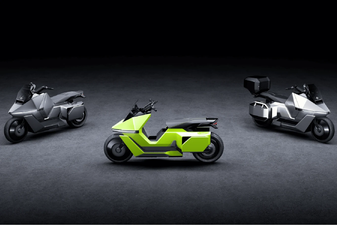 Trzy futurystyczne skutery elektryczne ustawione na betonowej powierzchni, z czego środkowy wyróżnia się jaskrawozielonym kolorem i nowoczesną, kanciastą sylwetką, a dwa pozostałe mają stonowane szare barwy i bardziej rozbudowane bagażniki.