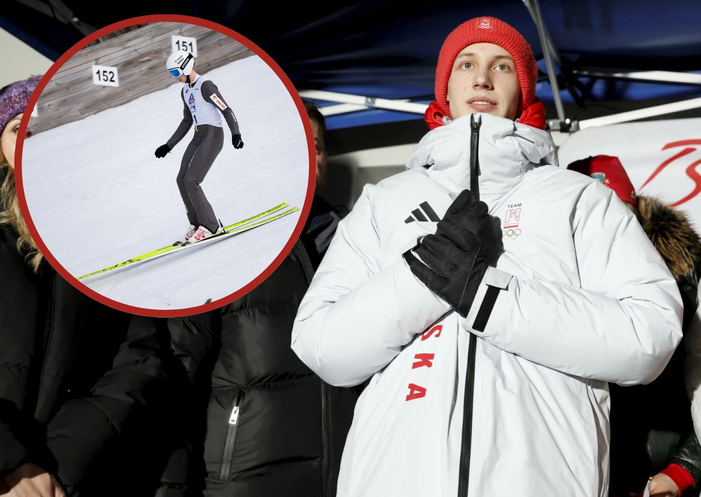 młody skoczek narciarski w białej zimowej kurtce z logo Polski i czerwonej czapce stoi na tle grupy osób, a w okrągłej ramce na górze widoczna jest sylwetka skoczka narciarskiego podczas lotu na skoczni, ubranego w kombinezon i kask