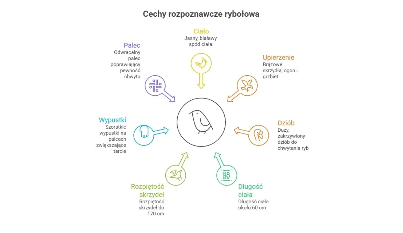 Schemat z rysunkiem rybołowa pośrodku otoczony sześcioma kolorowymi ikonami i krótkimi opisami cech rozpoznawczych, takich jak jasne ciało, brązowe upierzenie skrzydeł i ogona, zakrzywiony dziób przystosowany do chwytania ryb, długość ciała około 60 cm...