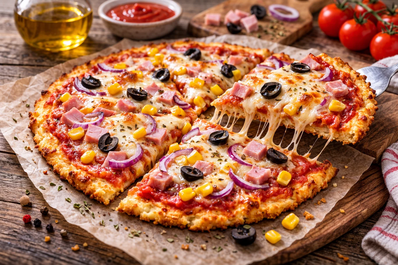 Pizza z kalafiora - lekka, chrupiąca i z dużą ilością ciągnącego się sera Pizza z ciasta na cienkim spodzie, pokryta roztopionym serem, kawałkami szynki, czarnymi oliwkami, kukurydzą i czerwoną cebulą, jedna porcja jest podnoszona, a obok widoczne są sos pomidorowy, oliwa oraz świeże pomidory koktajlowe na gałązce.