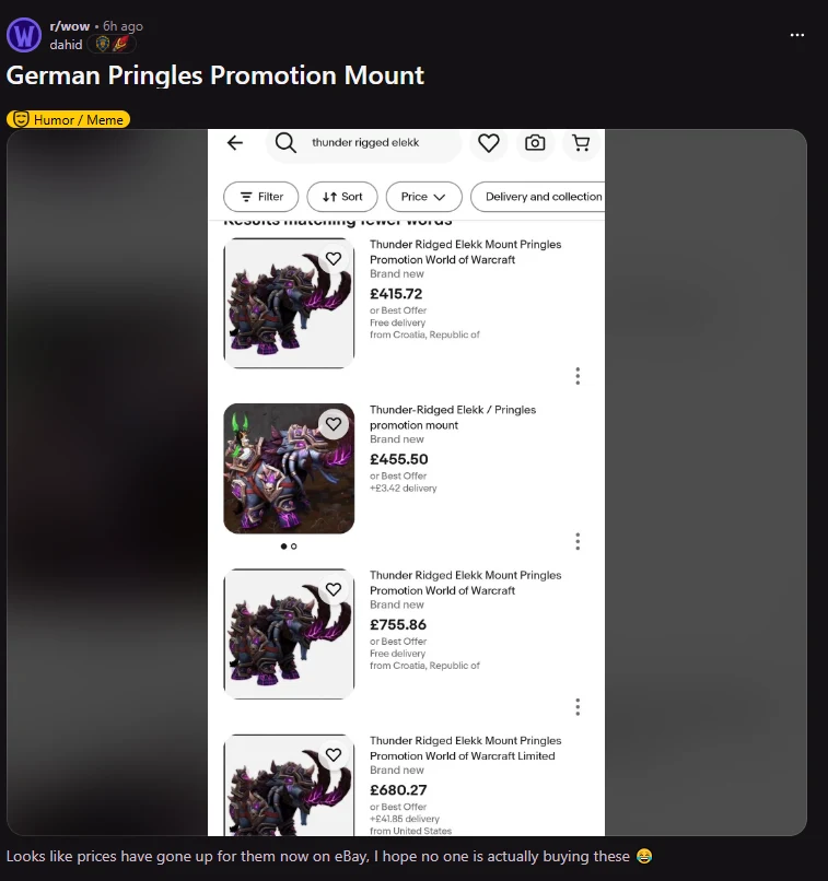 Zrzut ekranu z portalu eBay prezentuje oferty sprzedaży wierzchowca Thunder Ridged Bleak z gry World of Warcraft, promowanego marką Pringles w Niemczech; każda z ofert przedstawia graficzne zdjęcie wierzchowca oraz wysokie ceny sięgające kilkuset funtó...