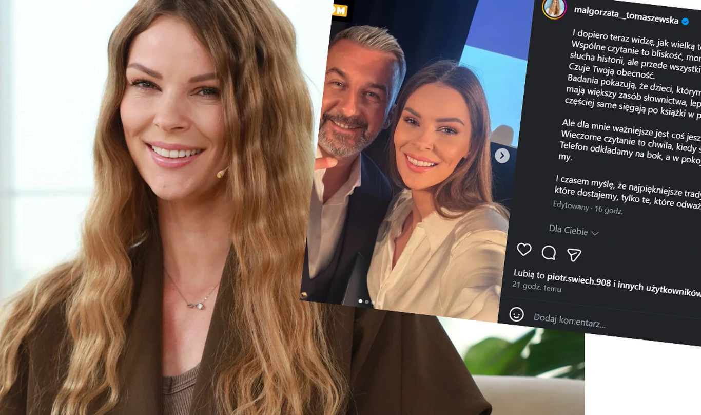 Uśmiechnięta kobieta z długimi, falowanymi włosami w brązowym odcieniu siedzi na tle jasnej ściany, a obok niej widoczny jest powiększony fragment ekranu z mediów społecznościowych pokazujący zdjęcie tej samej kobiety z mężczyzną oraz opis posta na Ins...