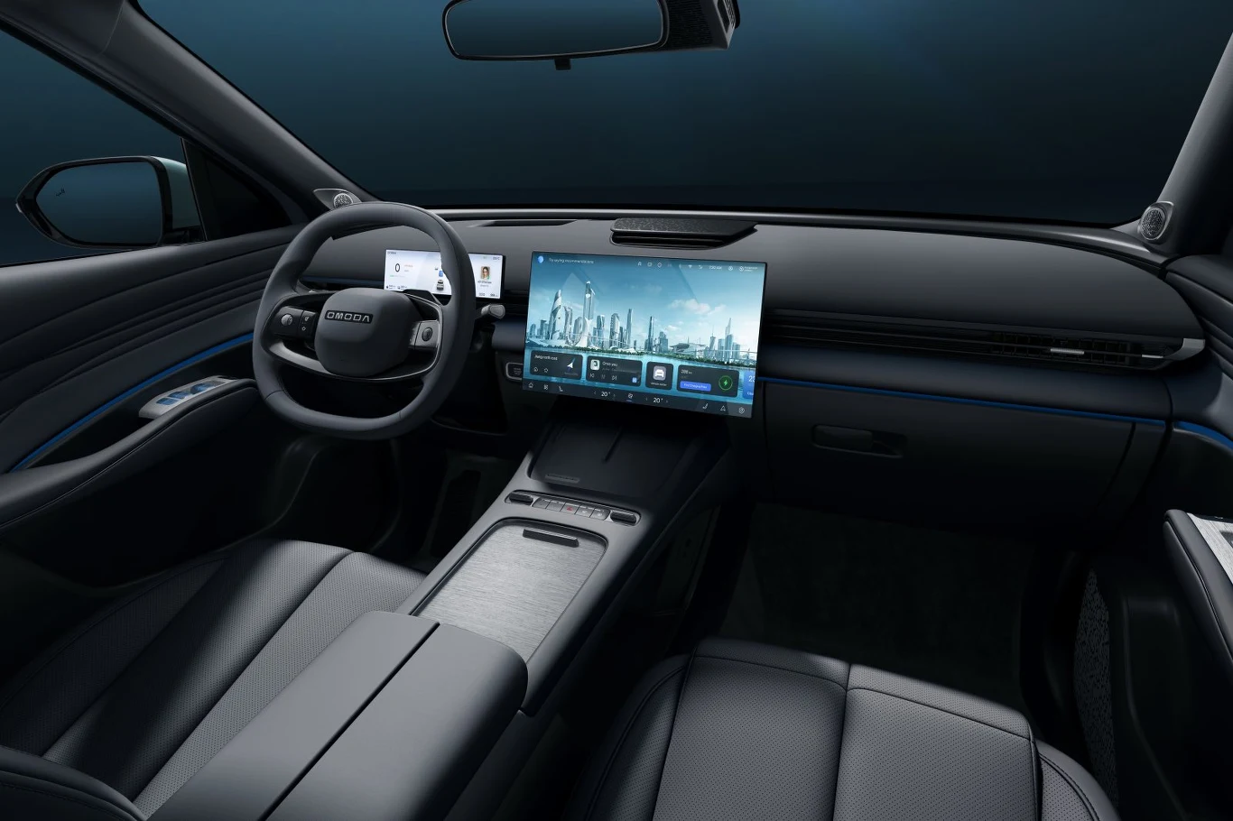 nowoczesne wnętrze samochodu elektrycznego z dużym, panoramicznym ekranem dotykowym na konsoli środkowej, cyfrowym kokpitem za kierownicą oraz minimalistycznym wykończeniem z czarną skórzaną tapicerką