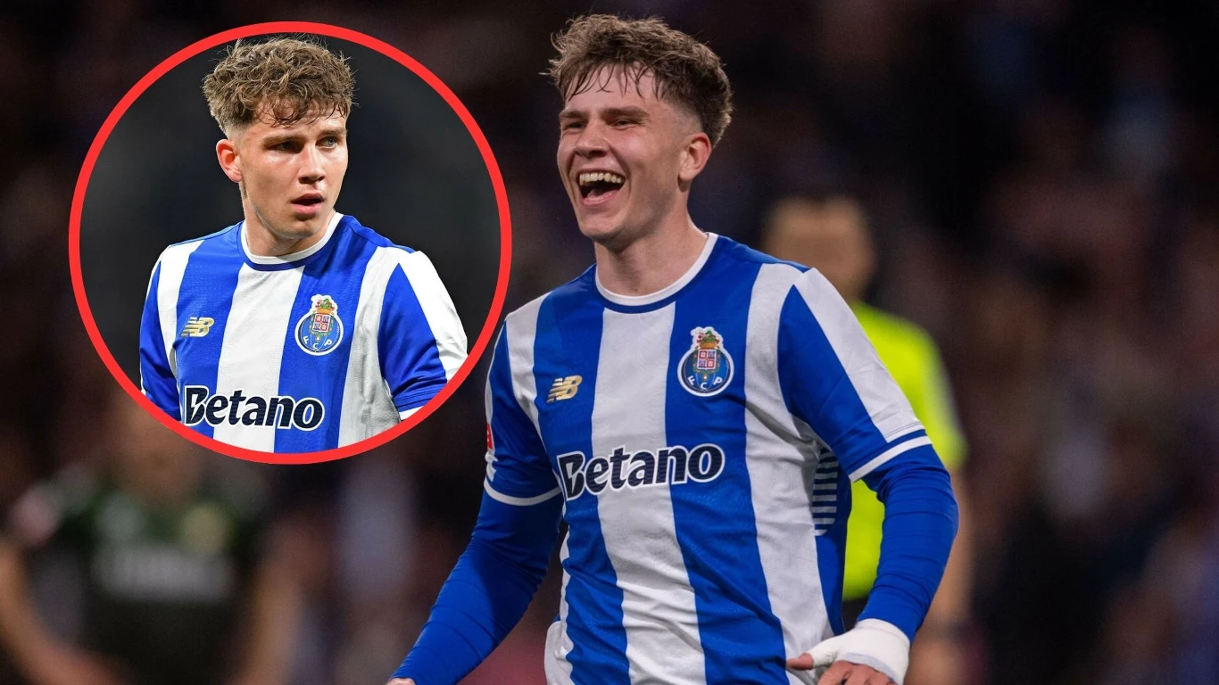 Piłkarz drużyny FC Porto w niebiesko-białym stroju z szerokim uśmiechem na twarzy świętuje na boisku, a w lewym górnym rogu umieszczono powiększony portret tego samego zawodnika ubranego identycznie, skoncentrowanego i w ruchu podczas meczu.