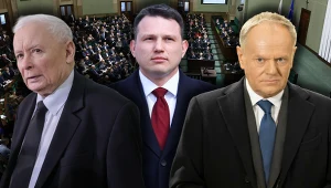 Sondaż Polsat News: Jaka partia na podium w Sejmie? (na zdjęciu: Jarosław Kaczyński, Sławomir Mentzen, Donald Tusk)