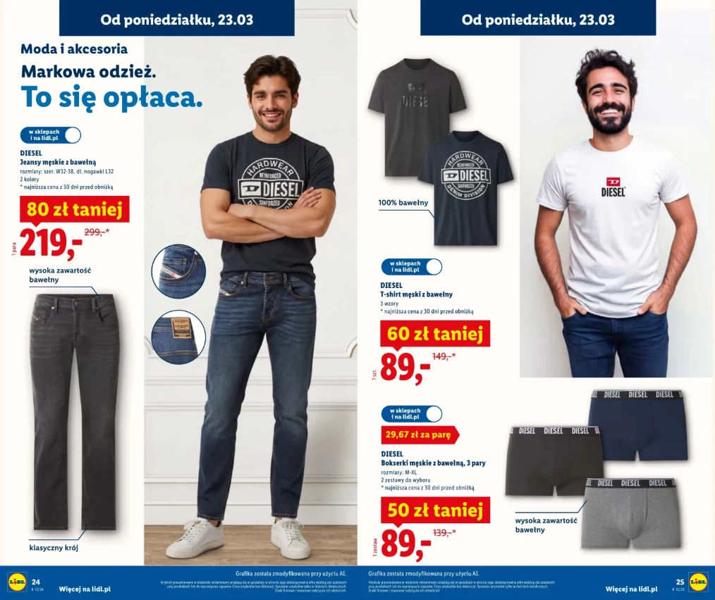 Dwóch mężczyzn prezentuje odzież marki Diesel: jeden z nich nosi ciemne jeansy i czarną koszulkę z logo, drugi jasną koszulkę oraz spodnie jeansowe, obok przedstawione są oferowane produkty – ciemne i jasne spodnie, koszulki z nadrukiem i zestawy bokse...