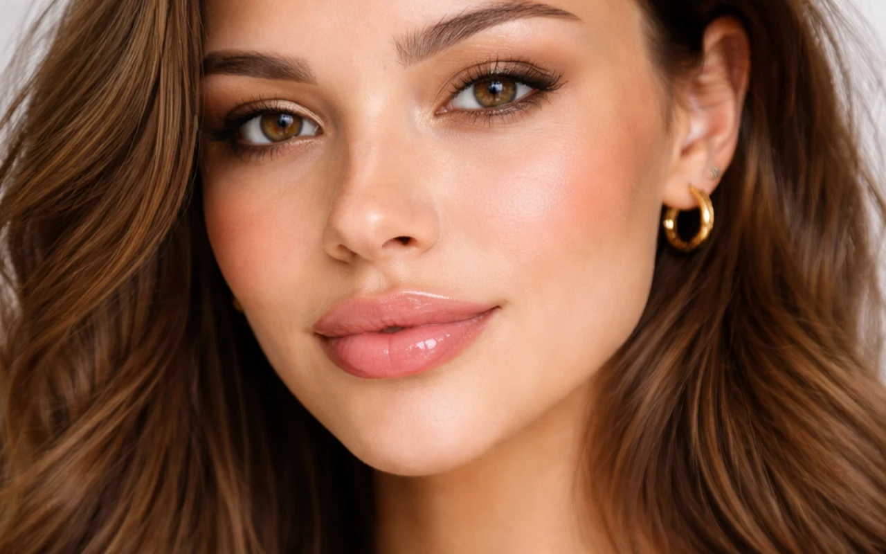 Halo lips robi furorę wśród influencerek młoda kobieta z długimi, brązowymi włosami, pełnymi ustami i delikatnym makijażem, patrząca prosto przed siebie, z założonym na uchu złotym kolczykiem w kształcie koła